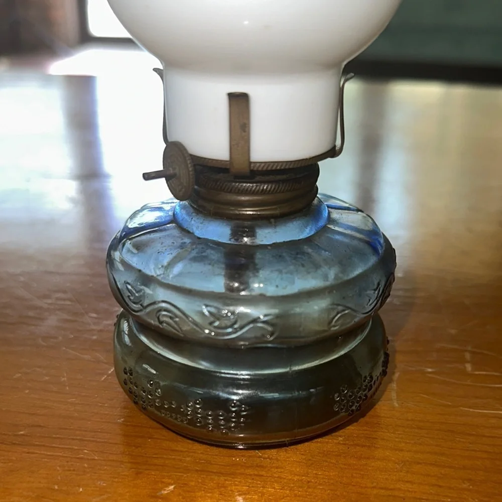 Vintage Three Star brand Glass Oil Lamp with White and Blue Accents
